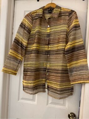 Citiknits Women’s Sheer Crinkled Striped Button-Down Shirt | Size Small
